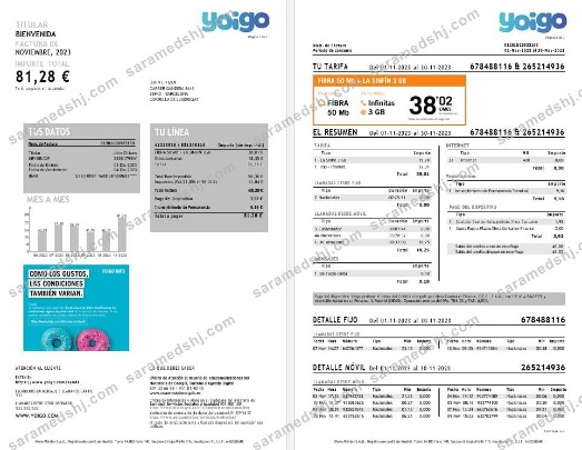 Spain Yoigo internet utility  bill in Word and PDF formats, 3 pages